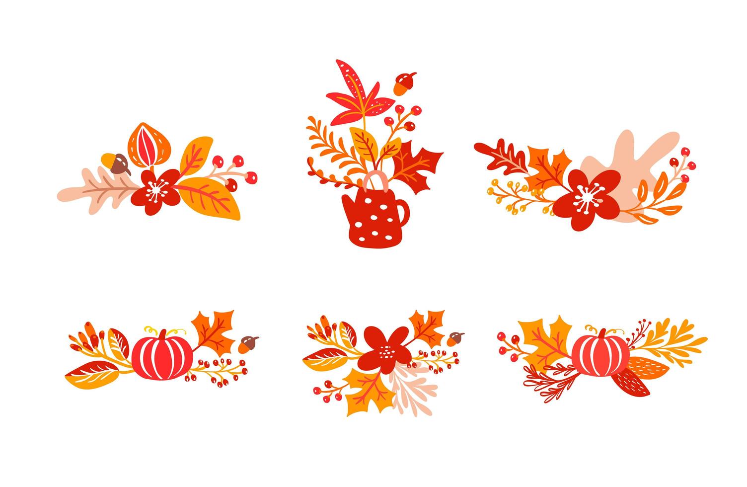 Bundle set of orange autumn leaves bouquets with teapot. Leaves of maple with cup, with pumpkin, with foliage oak, fall nature season poster thanksgiving design vector