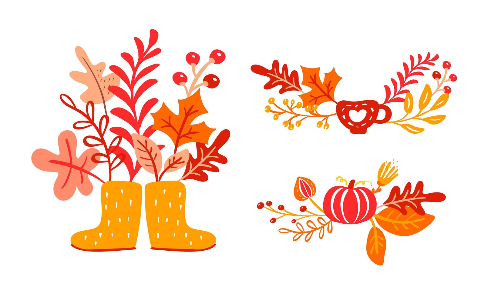 Yellow rubber boots with autumn leaves bouquet. Orange leaves of maple with cup, pumpkin with foliage oak, fall nature season poster thanksgiving design vector