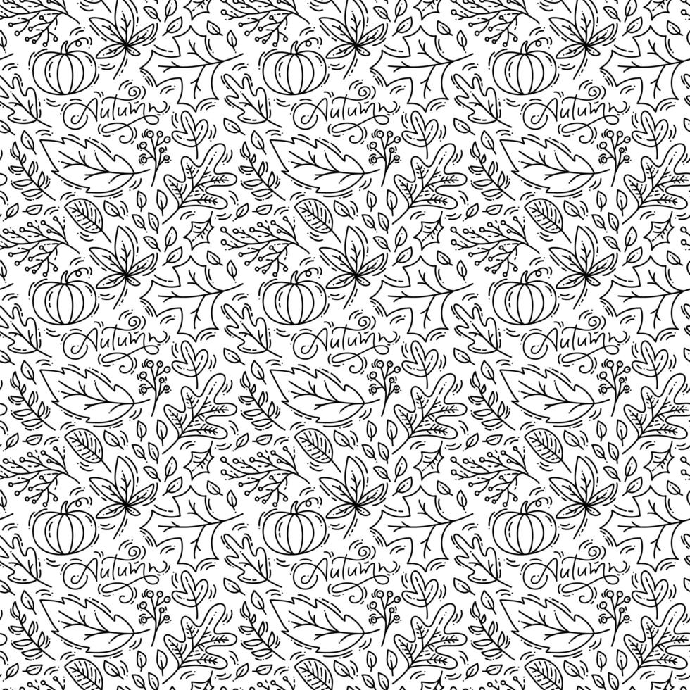 Seamless pattern with acorns, pumpkin and autumn oak leaves in black. Perfect for wallpaper, gift paper, pattern fills, web page background, autumn greeting card, pillow vector