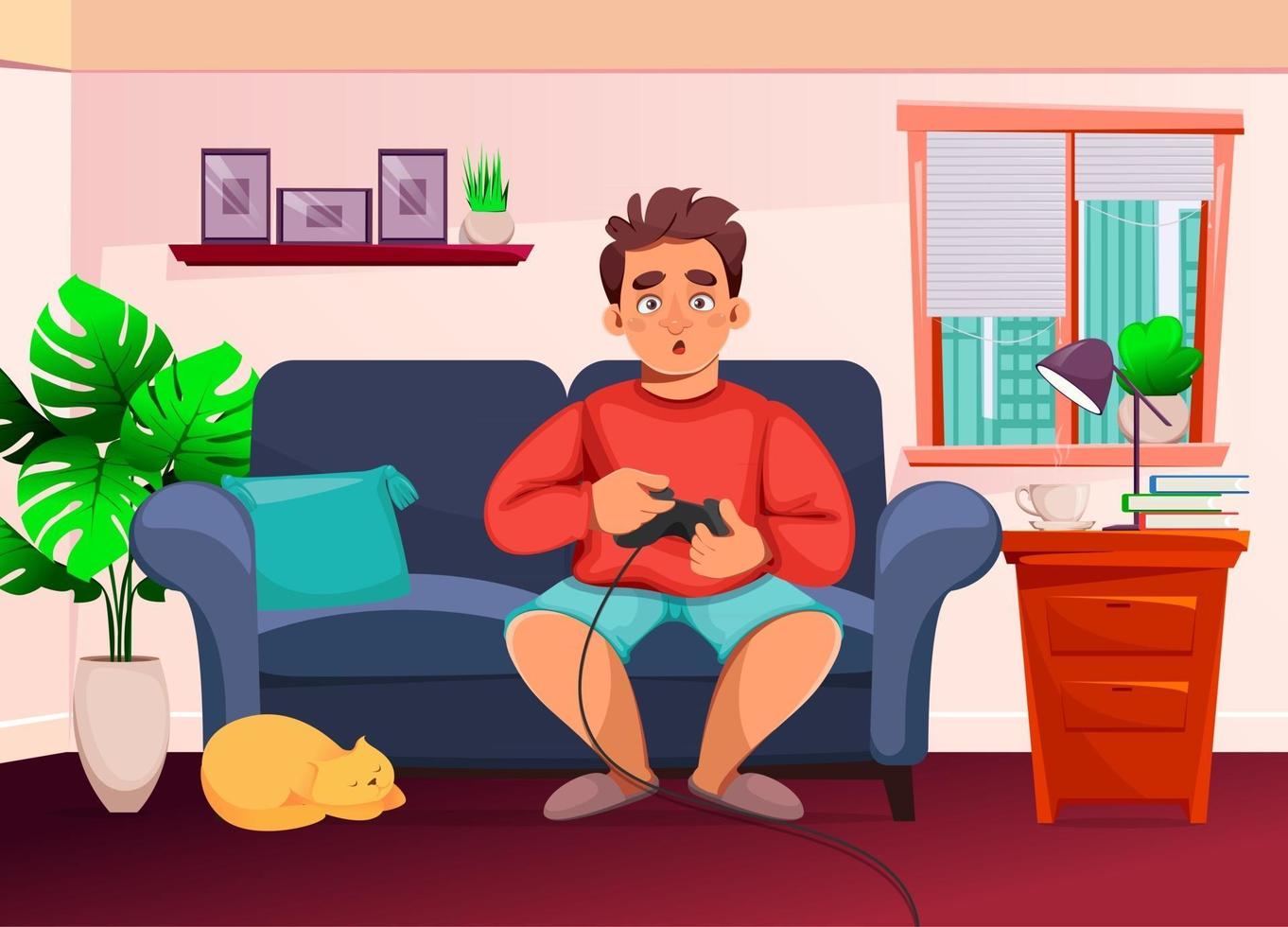 Stay at home concept. Man playing video games. vector