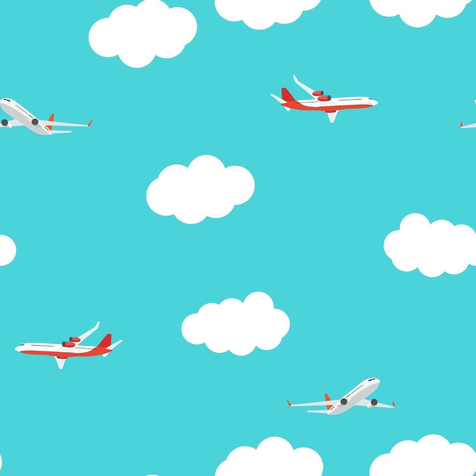 Flying airplane and clouds seamless pattern background vector