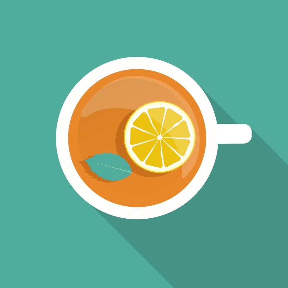 Tea Cup with Mint Leaf and Lemon Icon with Long Shadow vector