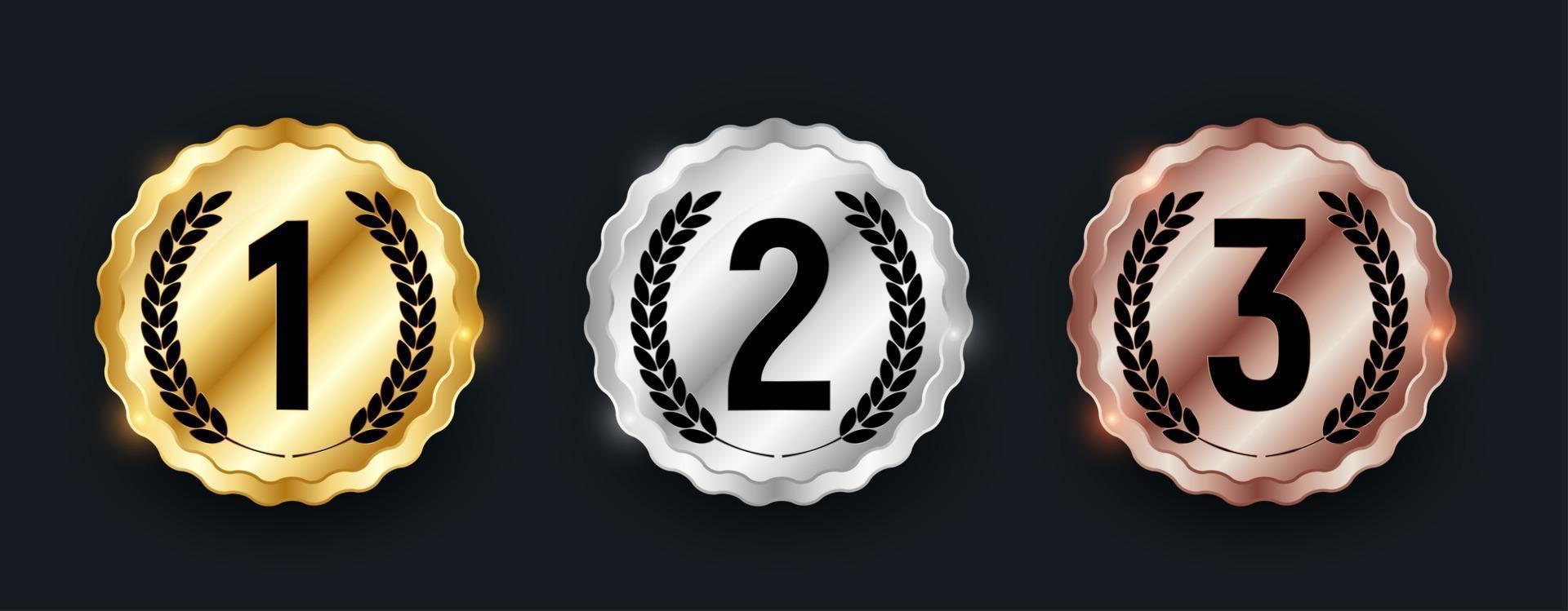 medalla de oro, plata y bronce, insignia del icono, primer segundo y tercer lugar vector