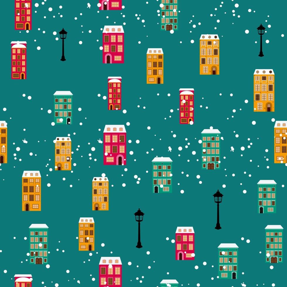 Merry Christmas and Happy New Year Card with Little Town Seamless Pattern Background vector
