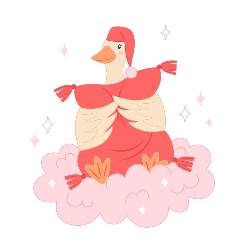 Goose in a nightcap hugs a pillow and sits on a cloud baby animal illustration for nursery vector