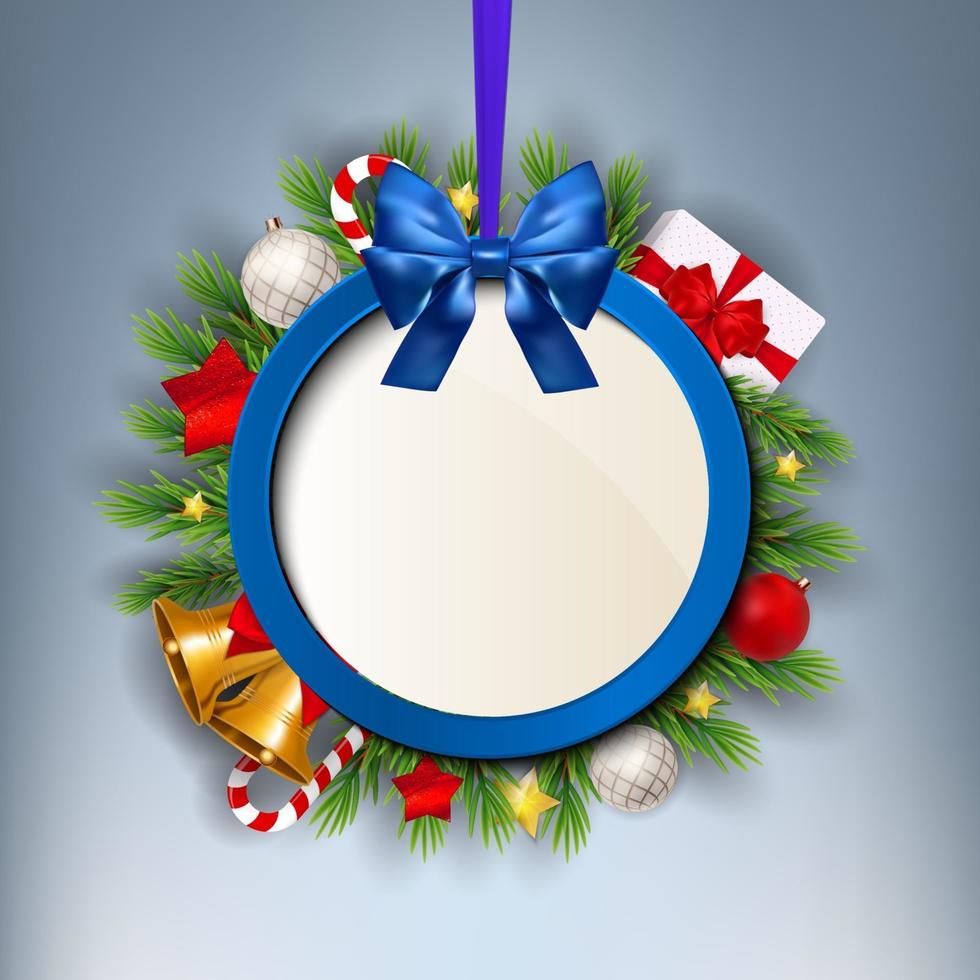 Merry Christmas and New Year Circular Hanging Frame with Holiday Elements vector