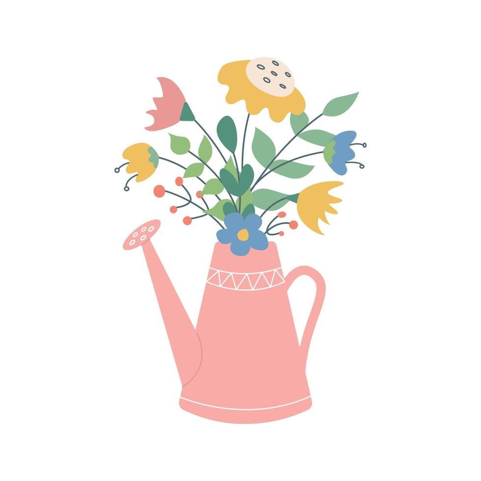 Cute beautiful flowers in a pink watering can. Vector image in a flat style on a white background.