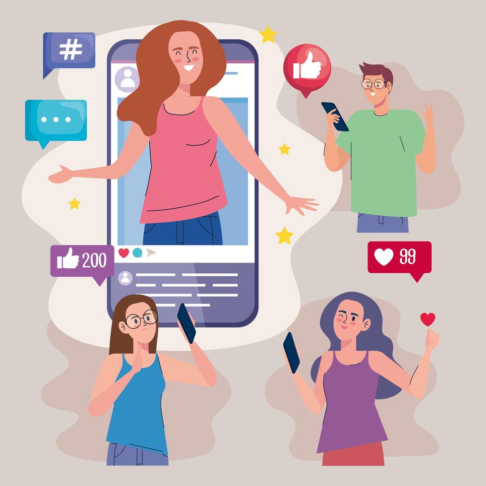 cuatro influencers en smartphone vector