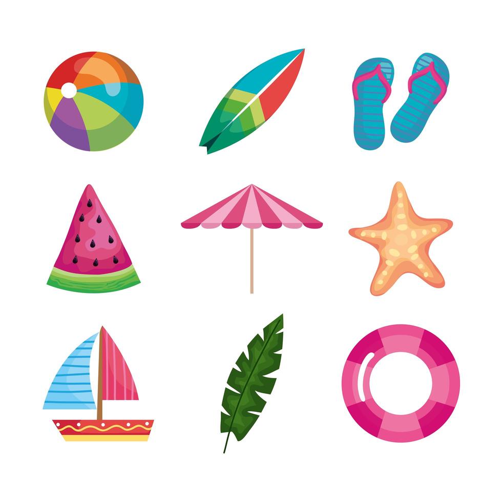 nueve iconos de verano vector