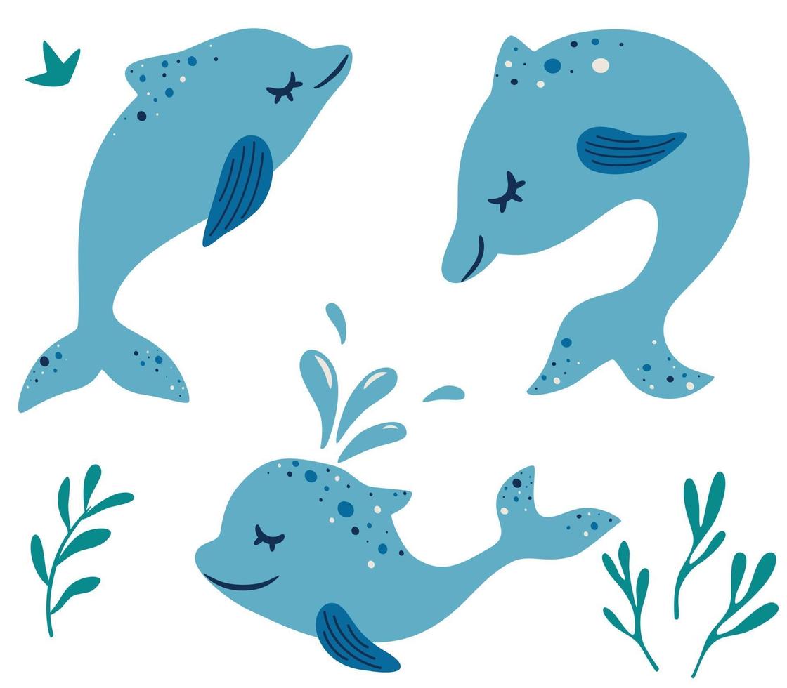 Set of cute dolphins Different poses Marine mammals Cartoon Characters Funny Dolphin Collection of sea animals Design for baby kids poster nursery wall art card invitation Vector illustration