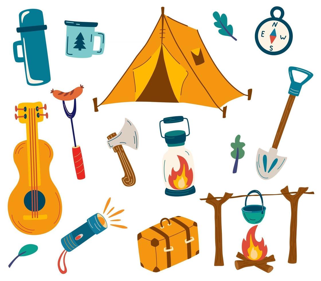 Set of camping items Big set of tourist items for vacation Luggage icons for travel and hike Collection of objects and accessories for outdoor recreation Outdoor activity Summer recreation vector