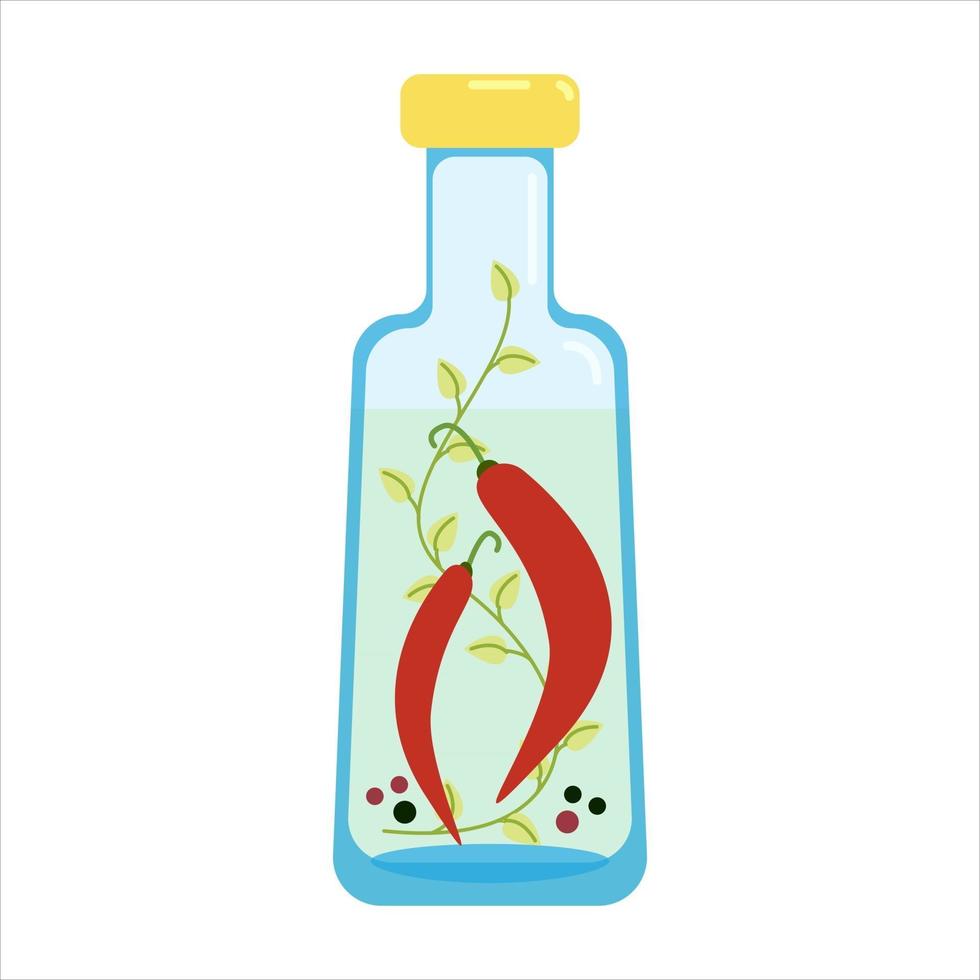 Chili peppers and spices filled with vinegar tincture for cooking with herbs and spices in a glass bottle vector clipart in flat style isolate