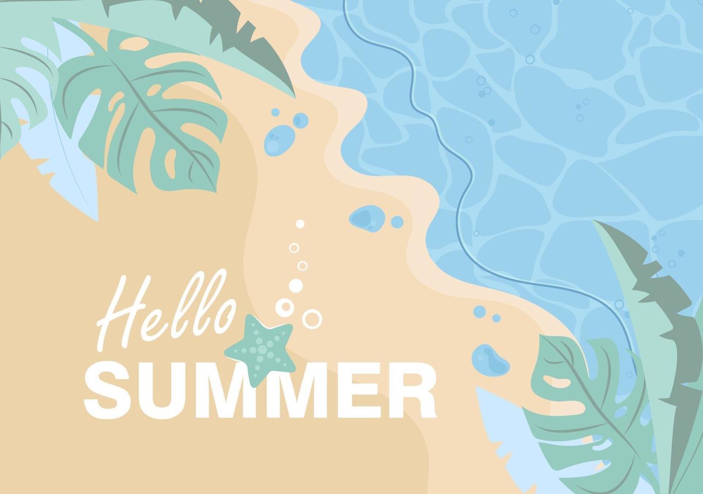 Hello summer Top view of the seashore beach with green palm leaves and ocean Flat vector summer illustration