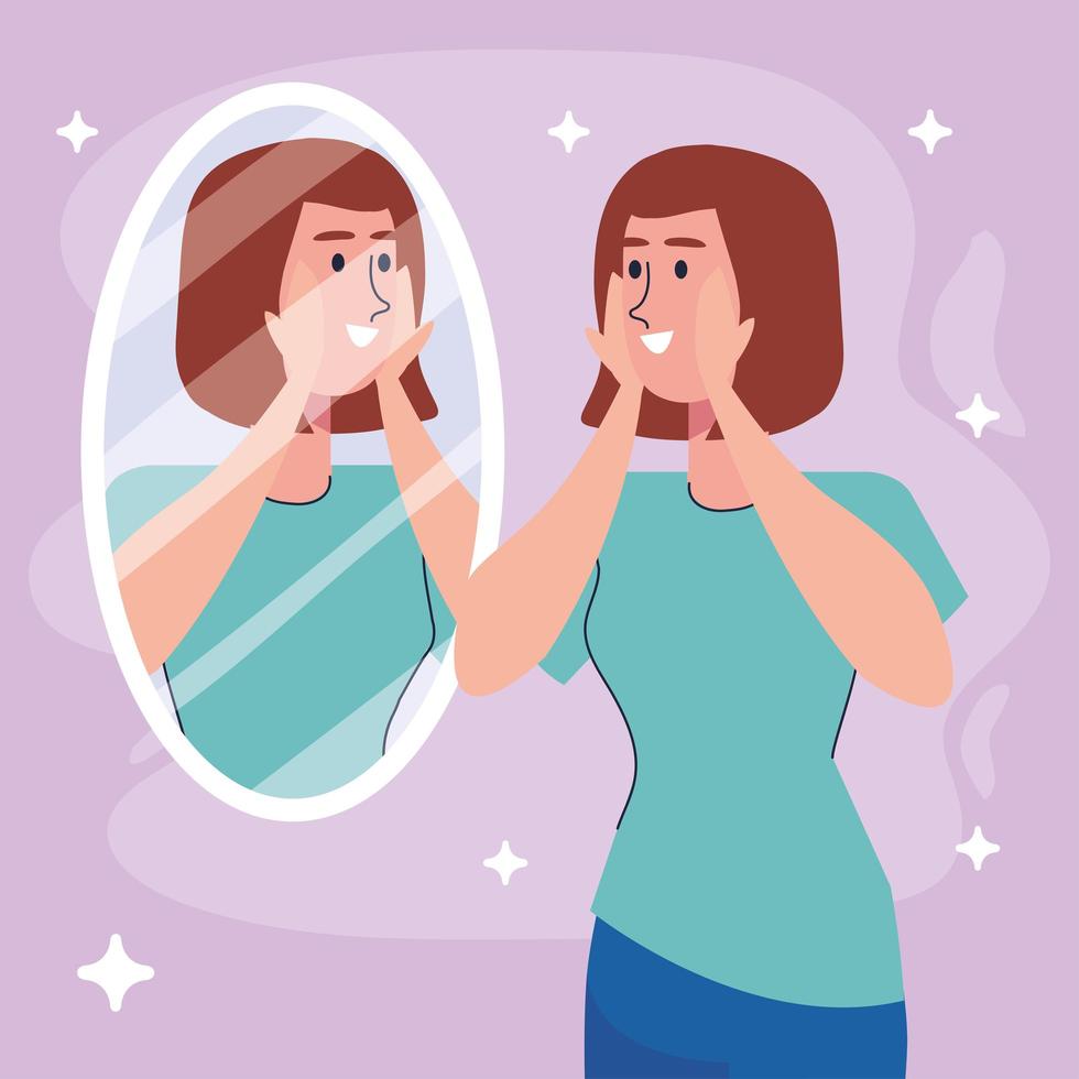 beautiful sexy girl looking in the mirror with green blouse vector