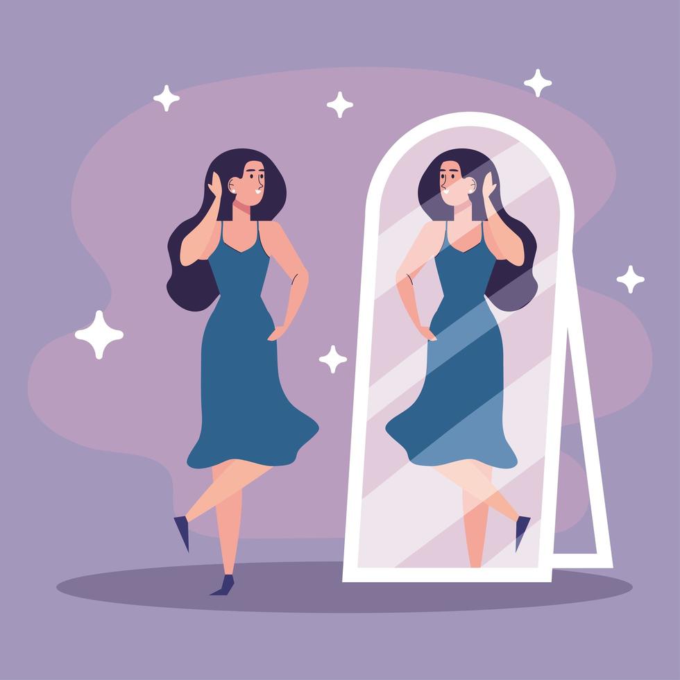 beautiful sexy girl looking in the mirror with blue dress vector