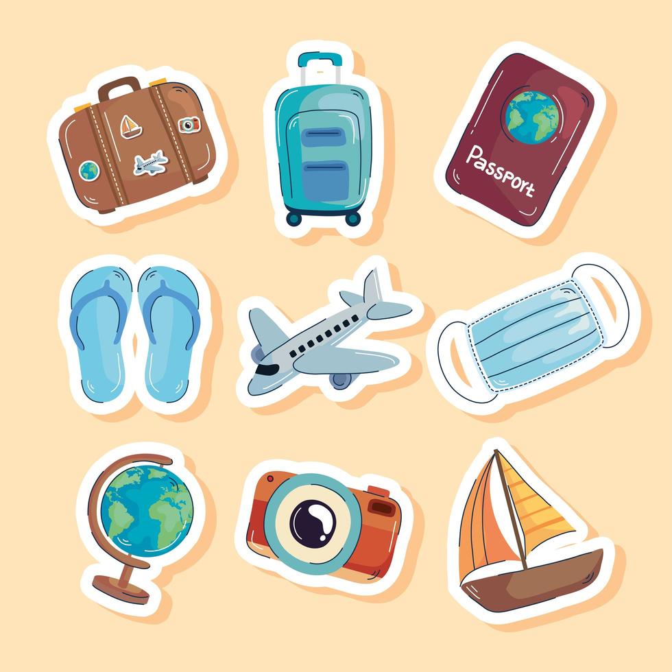 nueve iconos de viaje vector