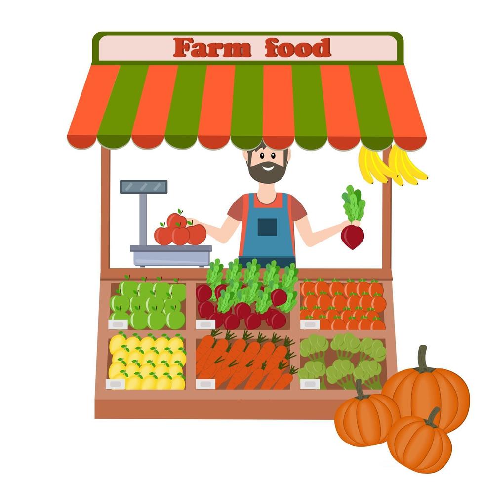 Flat style illustration of a man farmer selling vegetables autumn harvest vector