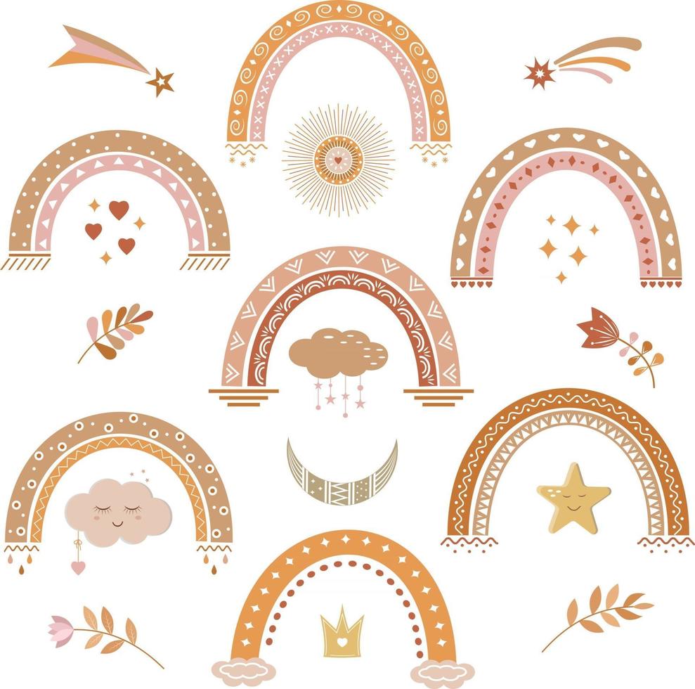 rainbows clouds flowers boho style clipart color vector illustration