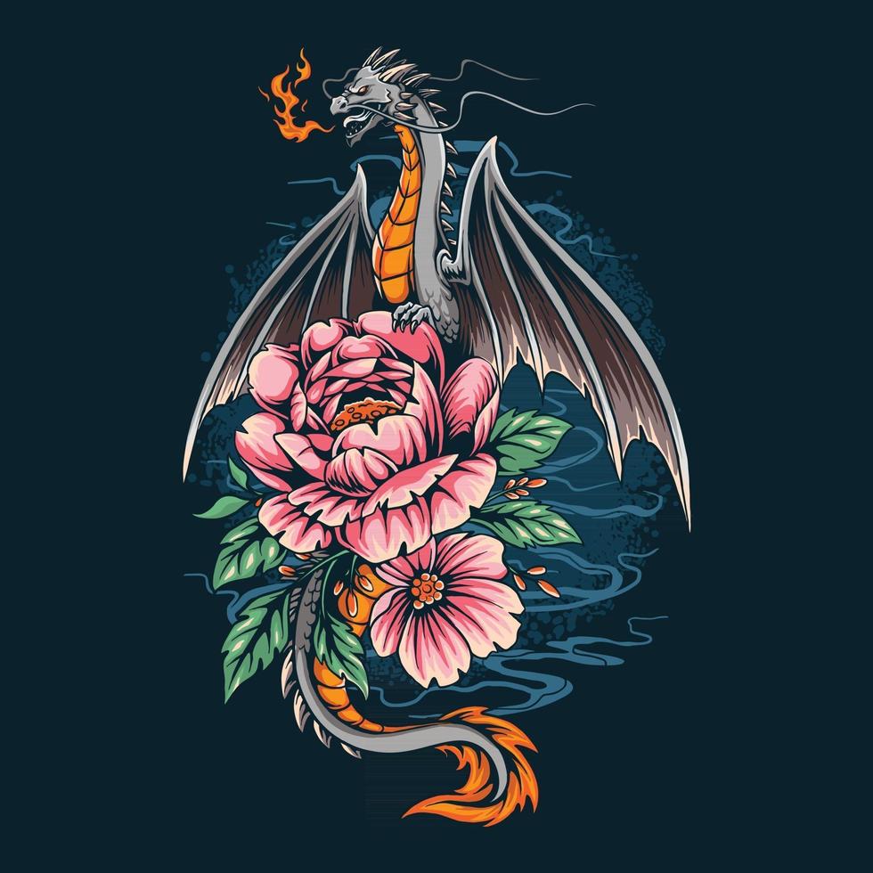 the dragon gave off a fire on a pretty flower vector