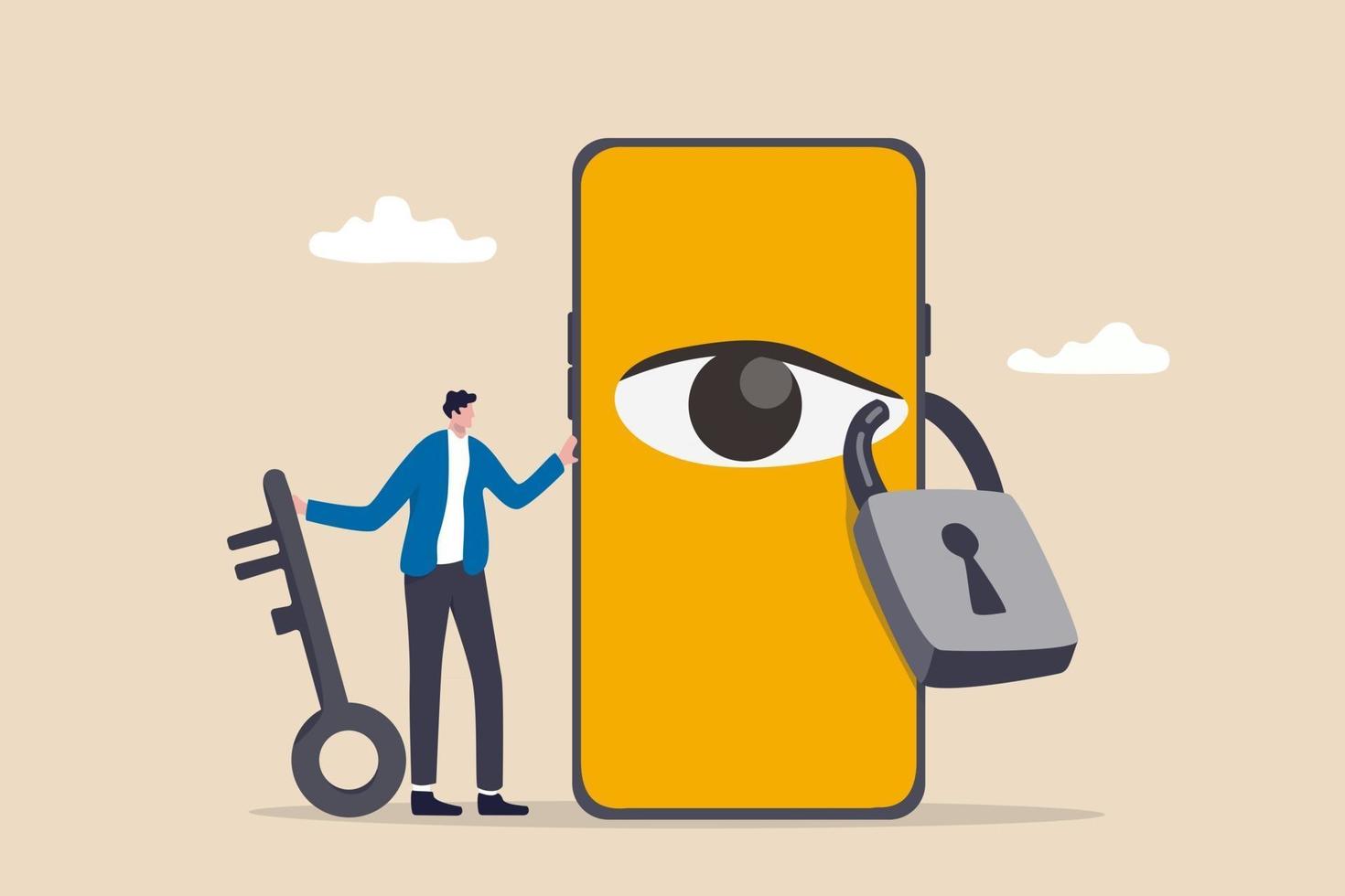 privacidad de datos para el usuario de Internet proteger la aplicación para rastrear o seguir el comportamiento del usuario concepto hombre sosteniendo la tecla después de bloquear el ojo espía en el teléfono inteligente para dejar de ver información privada vector