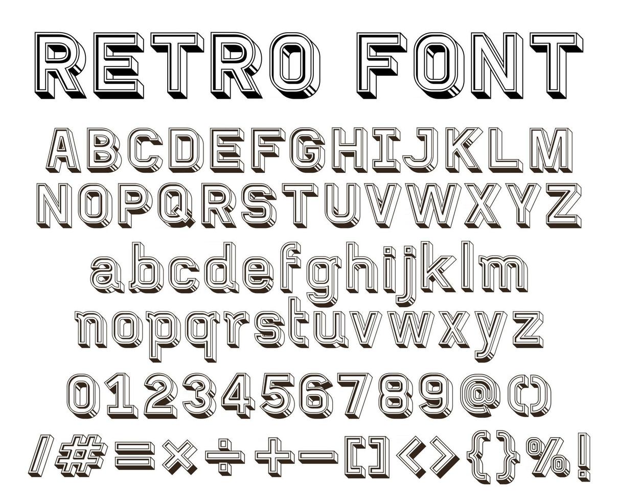 Texto de fuente de alfabeto de línea retro 3d vector