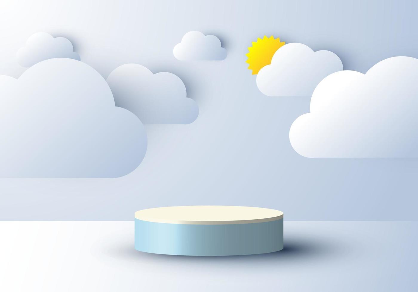 3D realistic abstract minimal scene empty podium display with cloud and sun paper cut style on blue sky background vector