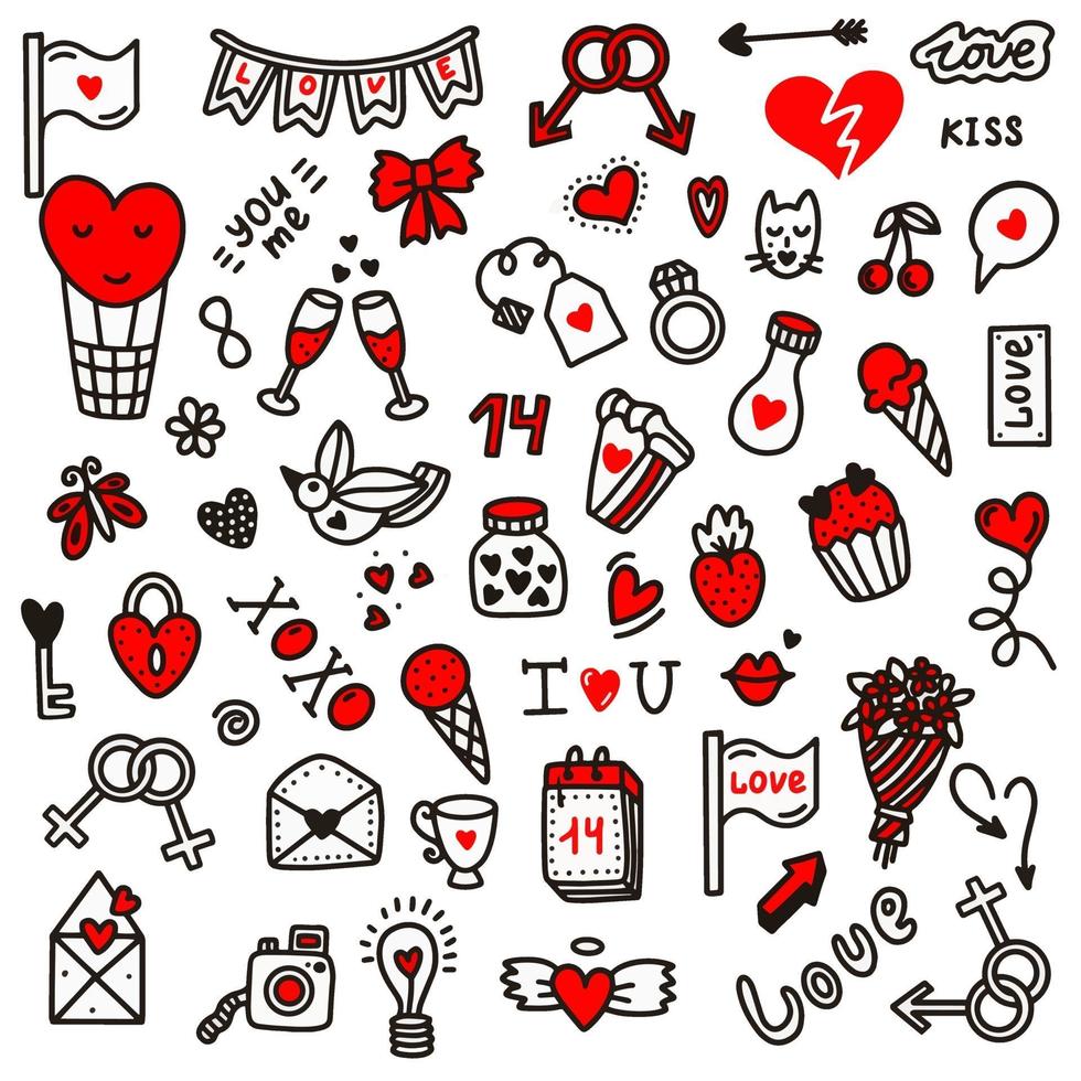 garabatos de amor del día de San Valentín.Ilustración de vector en estilo doodle. diseño para el día de san valentín, boda, tarjetas de felicitación.