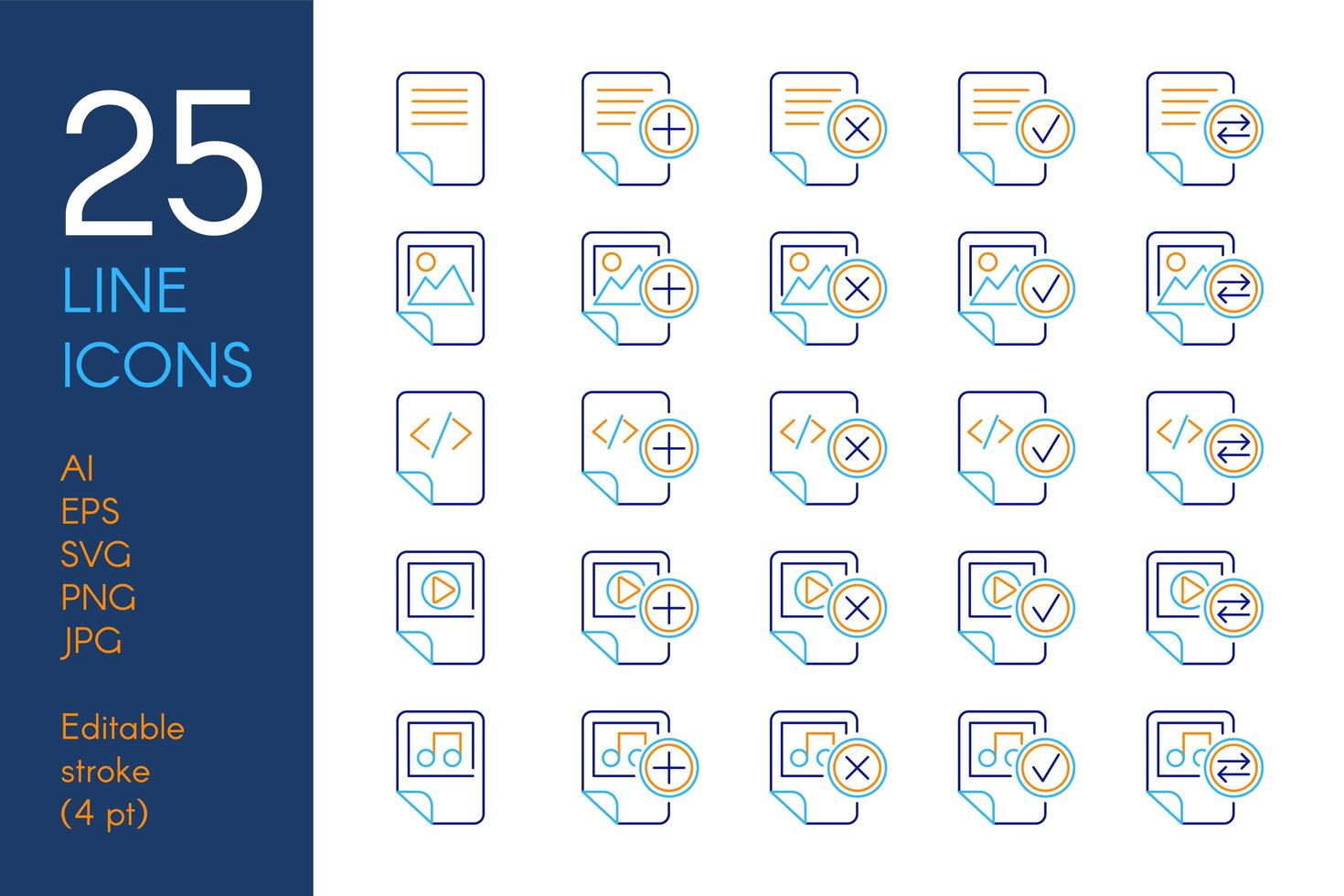 Documents and files color linear icons set vector