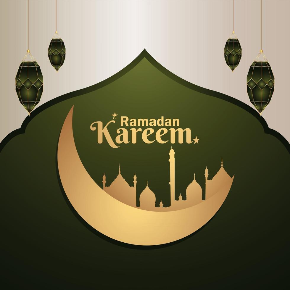 Realistic vector illustration of ramadan kareem celebration greeting card with golden moon and lantern