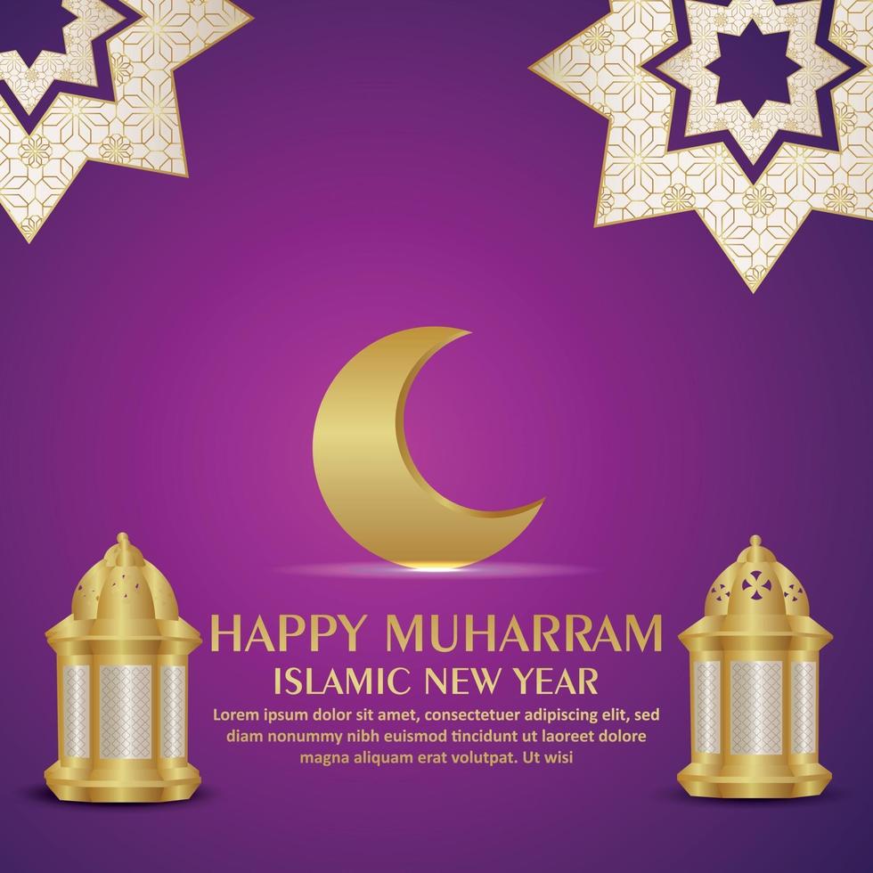 Ilustración de vector realista de feliz celebración de muharram tarjeta de felicitación con luna dorada y linterna