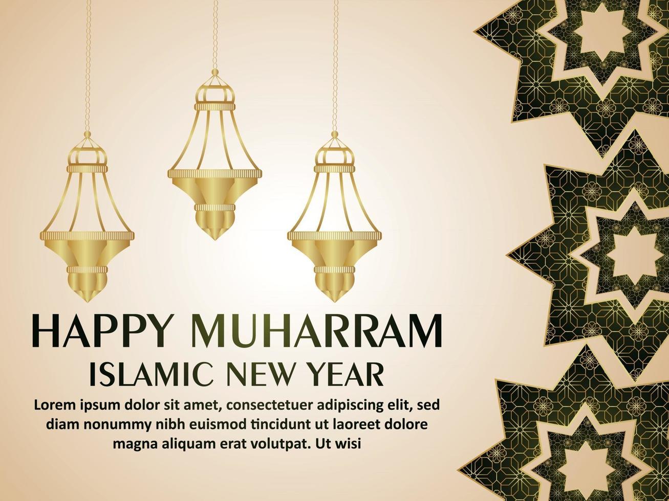 Happy muharram background with realistic elegant lantern on white pattern background vector