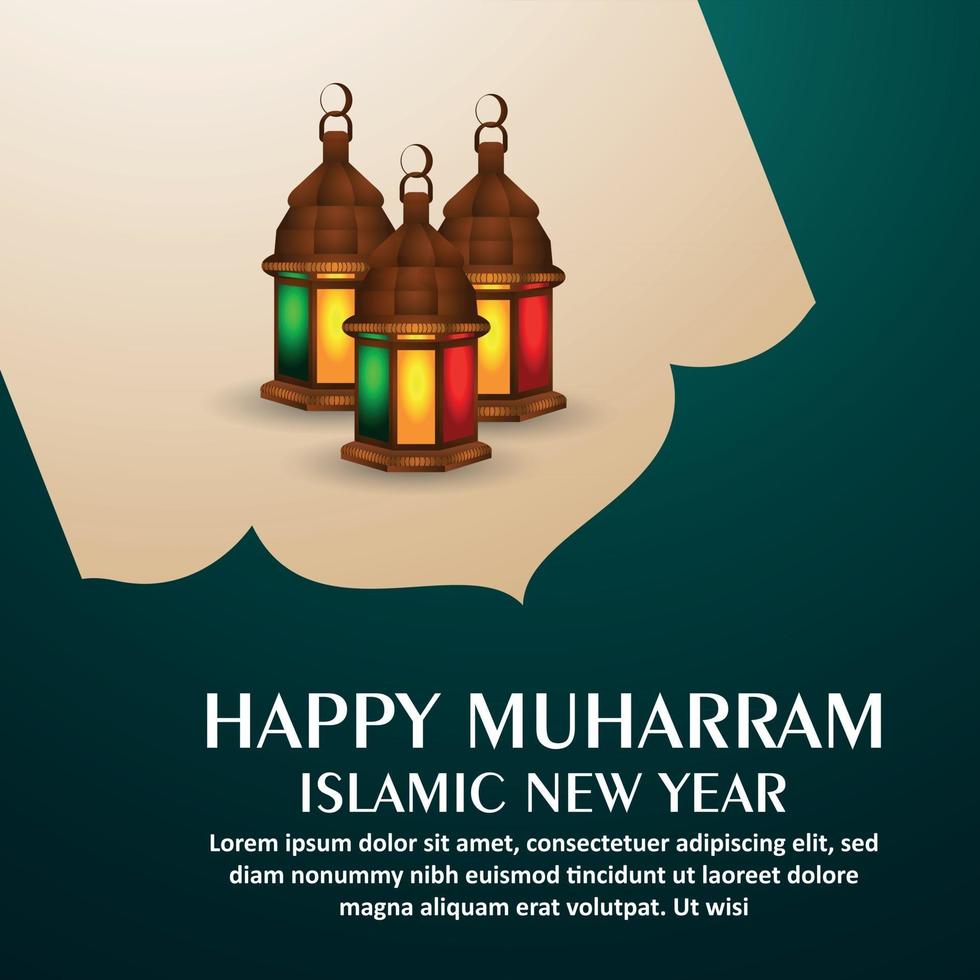 Muharram islamic new year celebration greeting card with arabic lantern vector