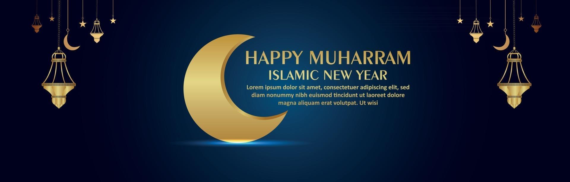 Islamic festival happy muharram banner with islamic golden lantern and moon vector