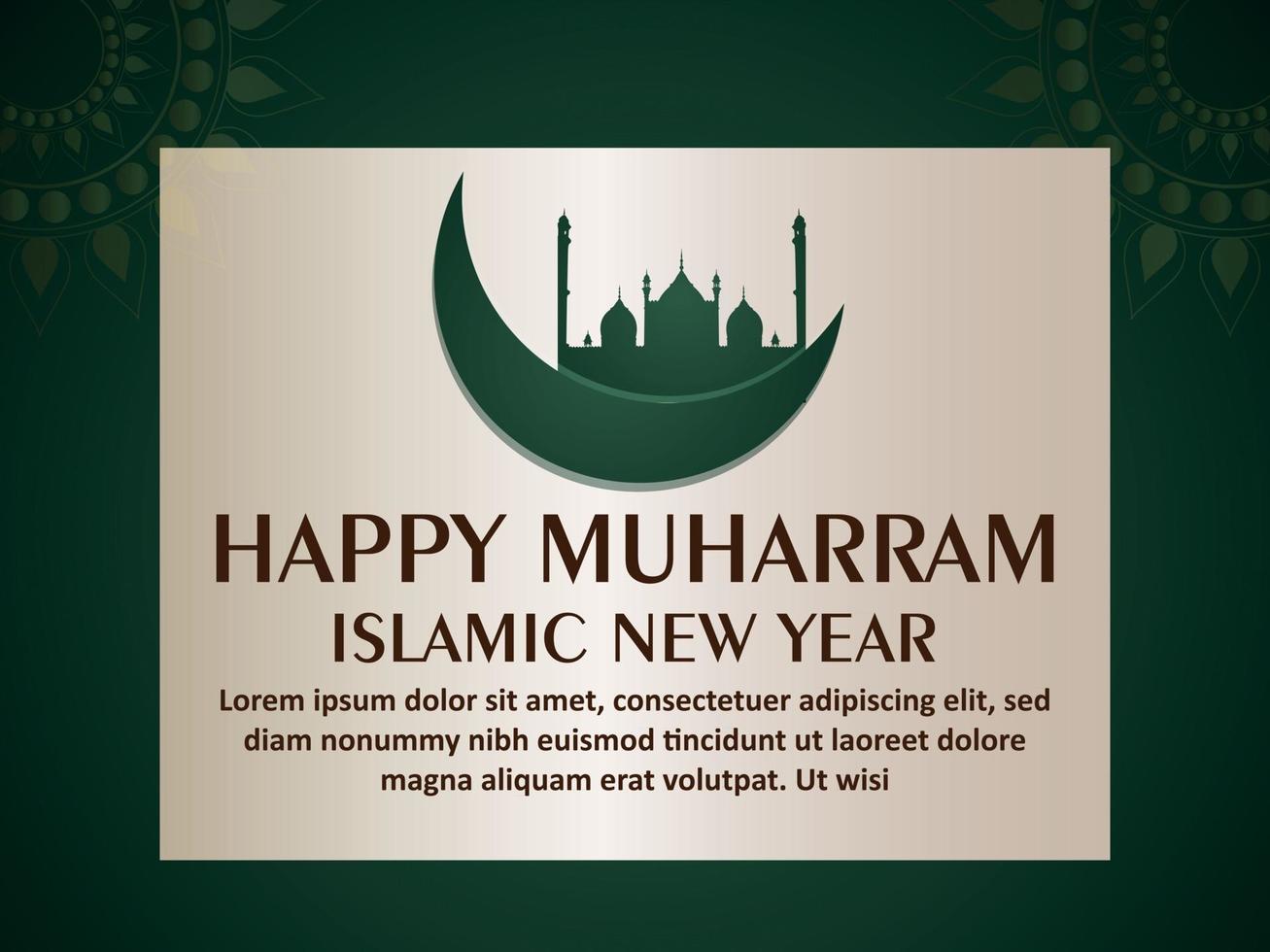Tarjeta de felicitación de celebración de año nuevo islámico feliz muharram con mezquita vector