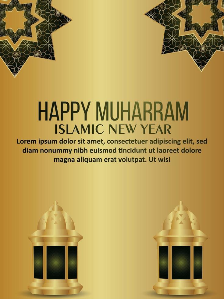 Happy muharram islamic festival celebration flyer with islamic arabic pattern lantern vector