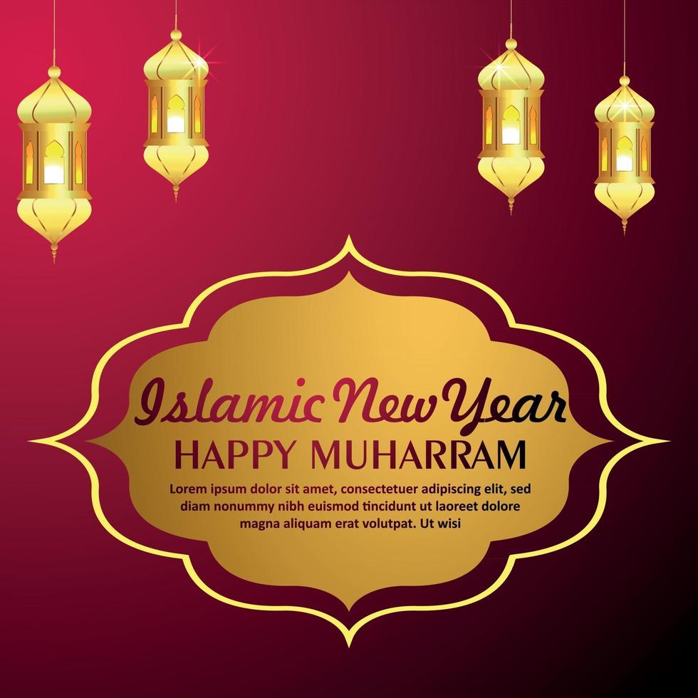 Happy muharram celebration greeting card with golden lantern on red background vector