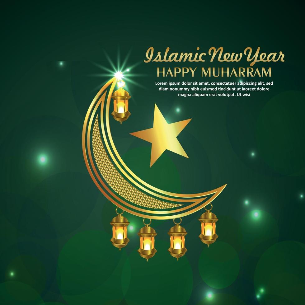 Happy muharram celebration greeting card with vector golden moon on green background