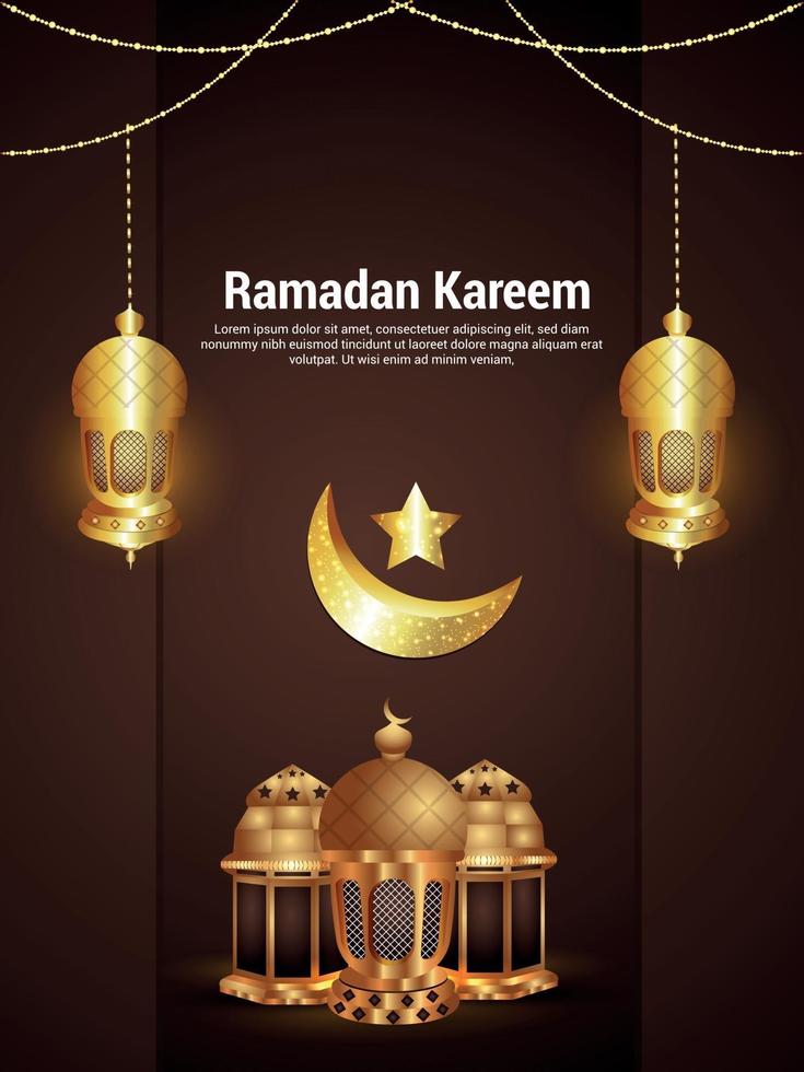 Islamic festival ramadan kareem celebration party flyer with vector islamic golden lantern and moon