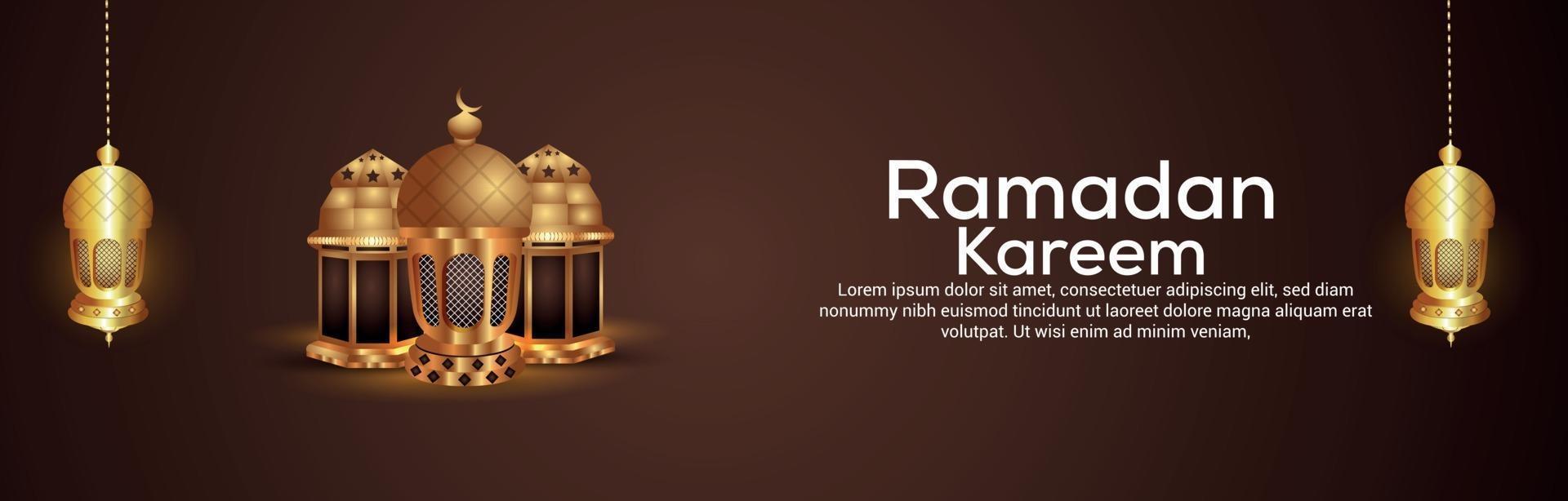 Creative vector illustration of ramadan kareem celebration banner with golden lantern