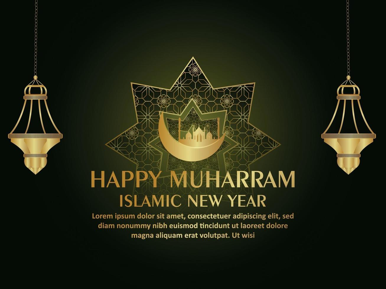 Fondo de celebración de año nuevo islámico feliz muharram con linterna dorada sobre fondo de patrón vector