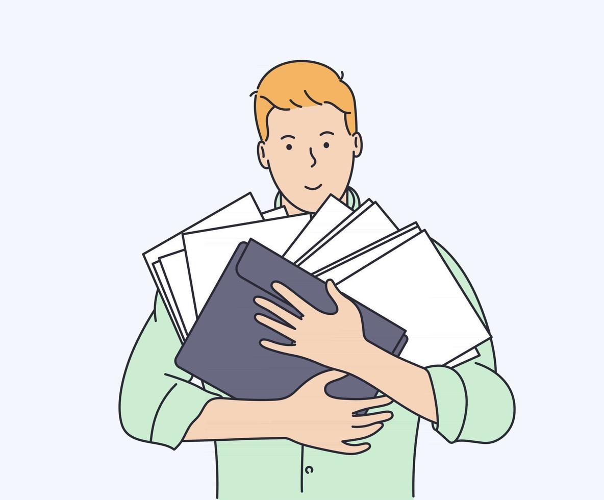 Document business accounting search conceptYoung smiling man with some documents ready to work vector