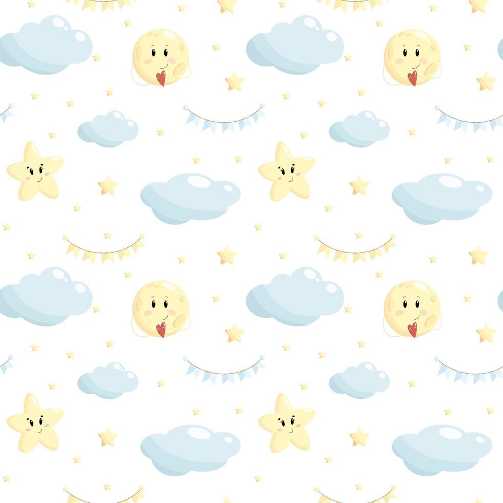 Clouds Moon and Stars  Cute Seamless Pattern  Cartoon Vector Illustration  Sky Background