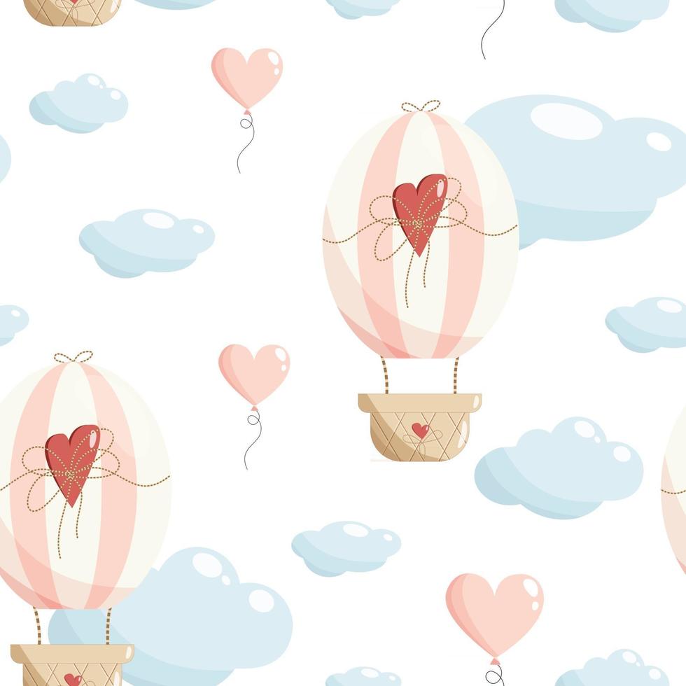 Cute pink hot air balloon seamless pattern  Air balloon hearts clouds  Kids vector illustration in pastel color