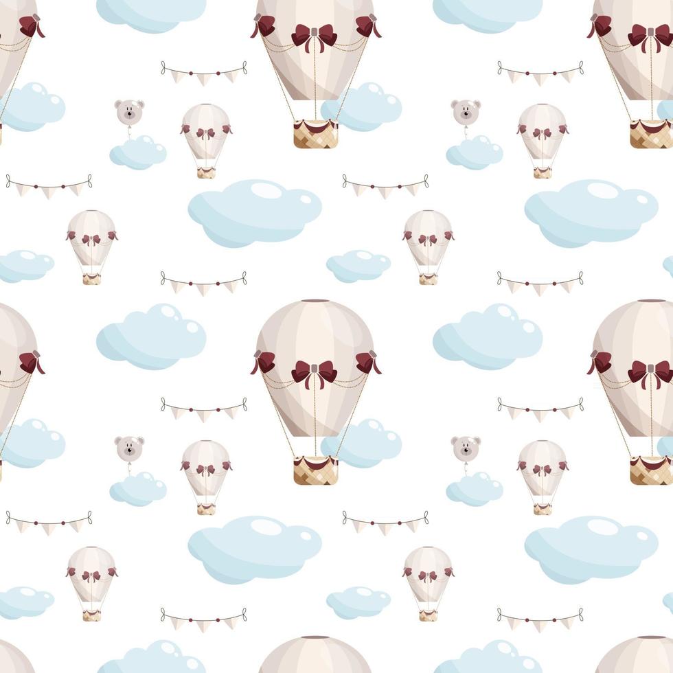Seamless hand drawn pattern with hot air balloons  clouds and paper flags in pastel color  Kids vector illustration