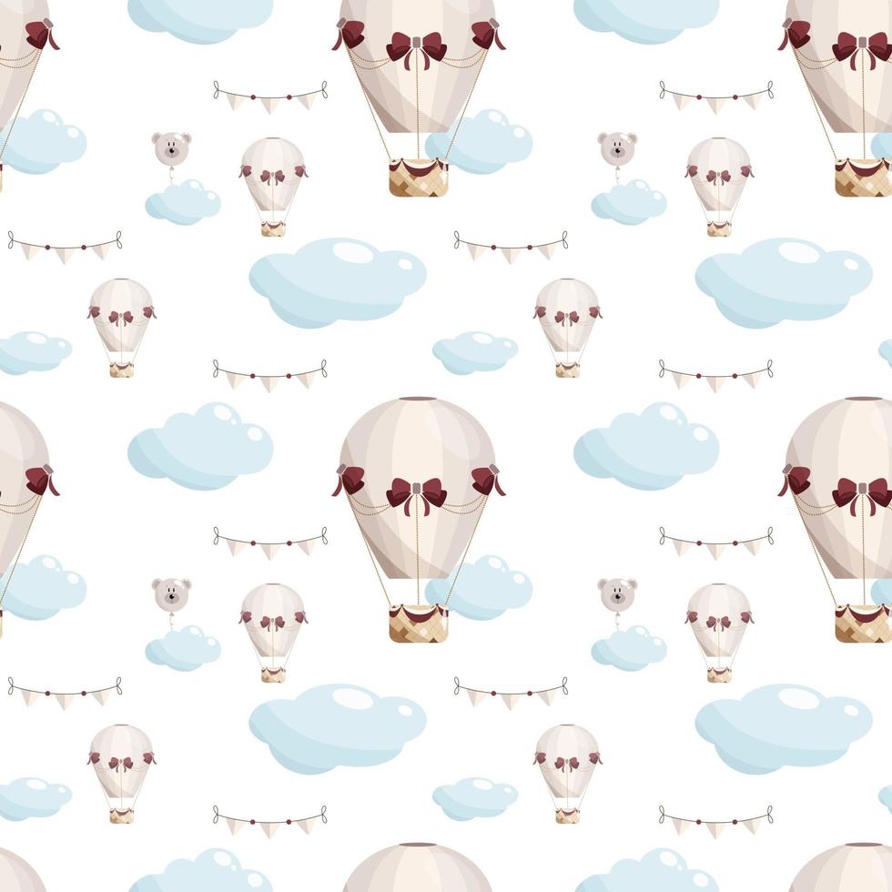 Seamless hand drawn pattern with hot air balloons  clouds and paper flags in pastel color  Kids vector illustration