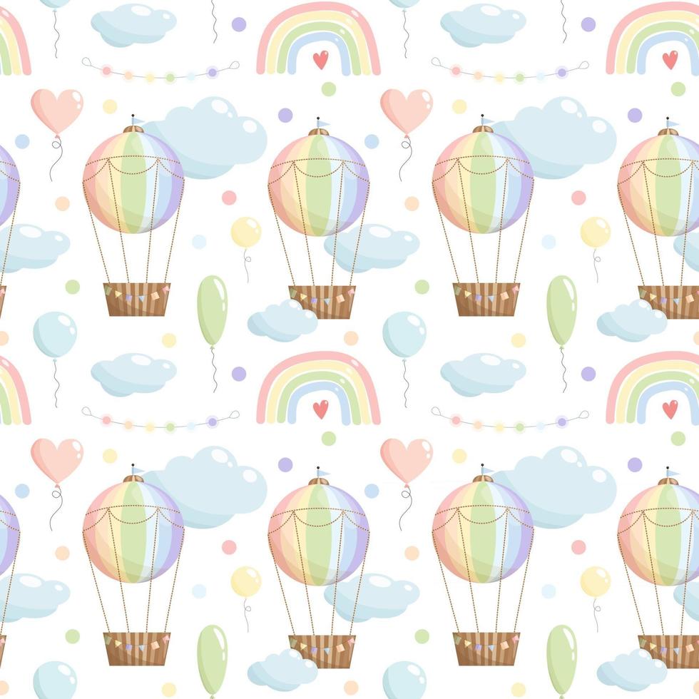 Rainbow color seamless pattern with hot air balloon  rainbow  balloons  clouds garland on white background vector