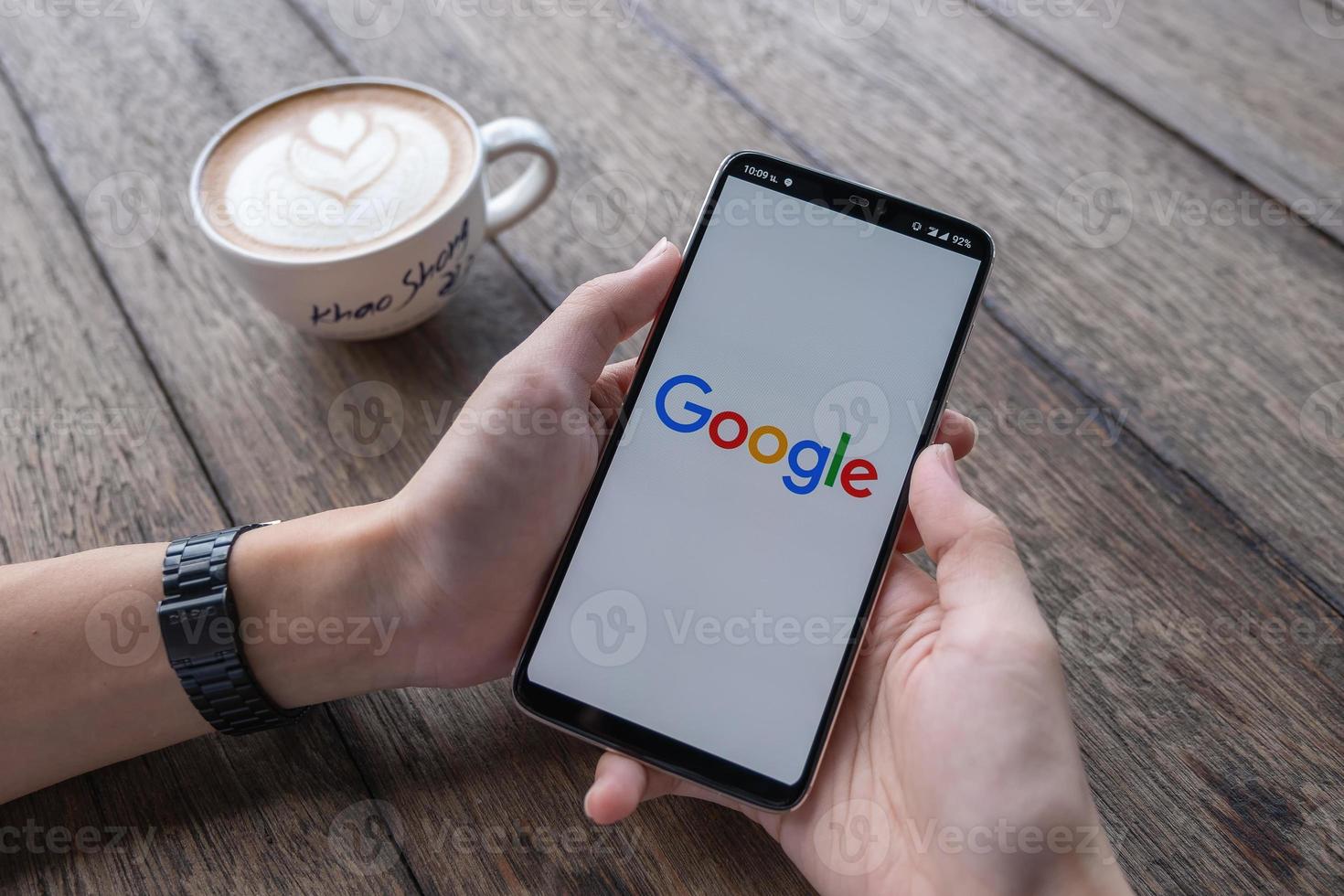 CHIANG MAI, THAILAND, May 11 2019, Man hand holding Oneplus 6 with login screen of Google application photo