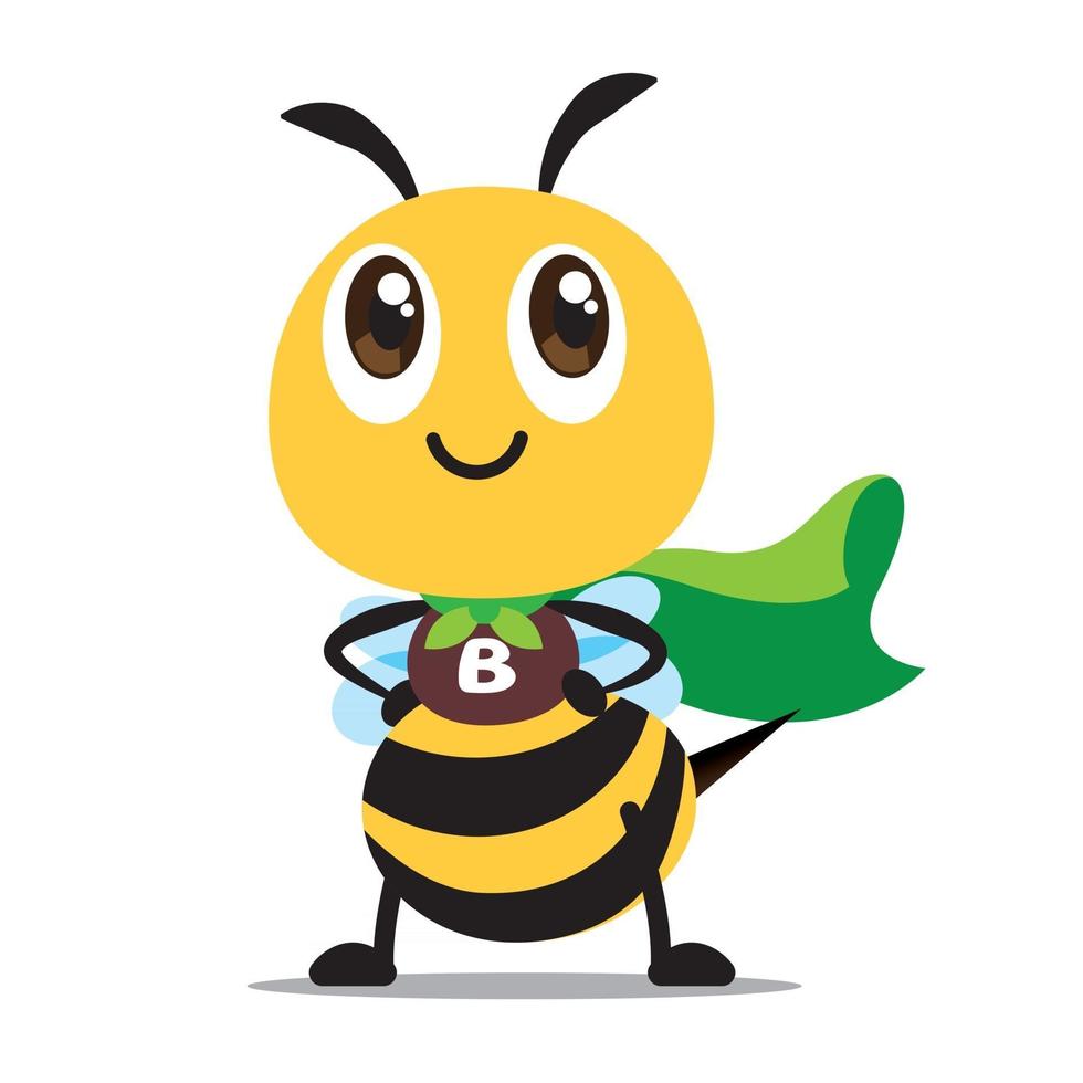 Cute superhero bee with green cloak protect the natural environment in flat design vector