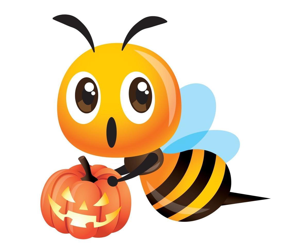 Cartoon cute bee holding a halloween pumpkin with light lattern vector