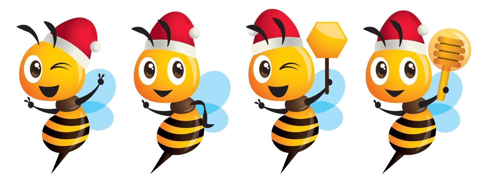 Cartoon cute bee celebrating Merry Christmas mascot set vector